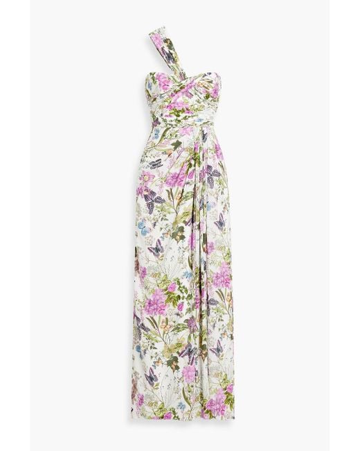 Badgley Mischka White One-Shoulder Floral-Print Crepe Maxi Dress