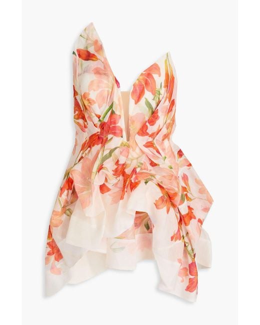 Zimmermann Red Strapless Floral-Print Linen And Silk-Blend Peplum Top