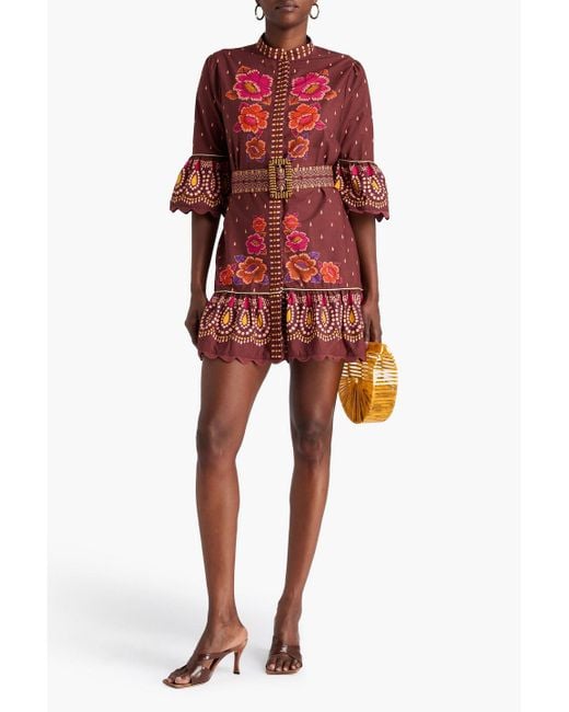 Farm Rio Red Minikleid aus baumwolle mit floralem print und muschelsaum
