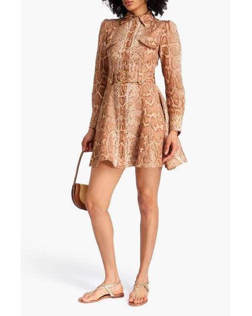 Zimmermann Brown Belted Snake-print Linen Mini Shirt Dress