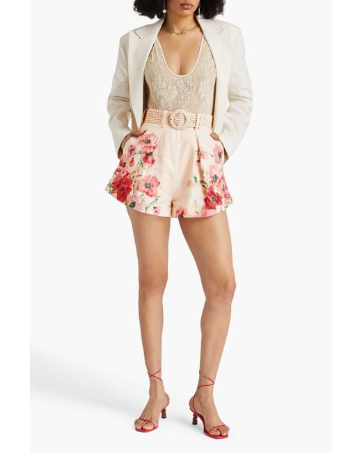 Zimmermann Pink Belted Floral-Print Linen Shorts