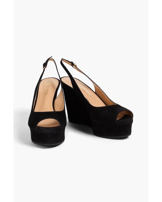 Sergio Rossi Black Suede Platform Wedge Slingback Sandals