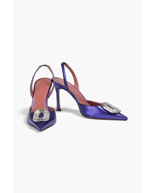AMINA MUADDI Blue Camelia Embellished Metallic Leather Slingback Pumps