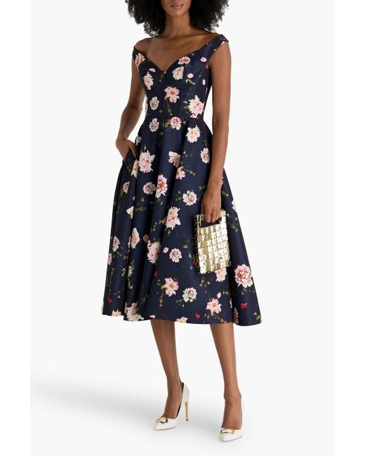 Monique Lhuillier Blue Off-The-Shoulder Floral-Print Faille Midi Dress