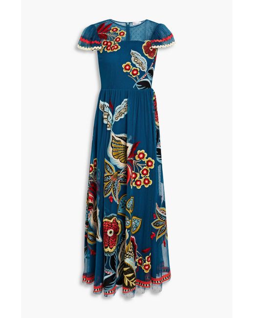 RED Valentino Blue Gathered Embroidered Tulle Midi Dress