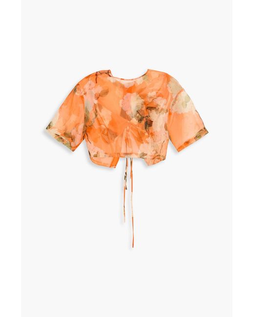 LEO LIN Orange Indie Cropped Floral-Print Silk-Organza Top