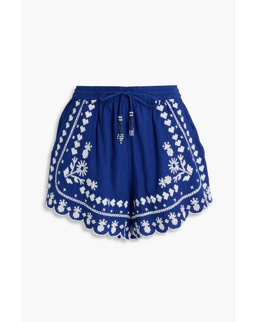 Farm Rio Blue Embroidered Linen-Blend Shorts
