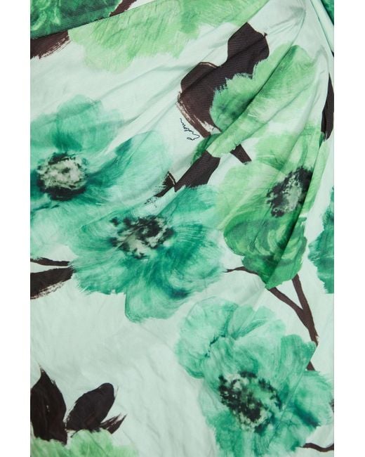 Erdem Green Draped Floral-print Crinkled-taffeta Midi Skirt