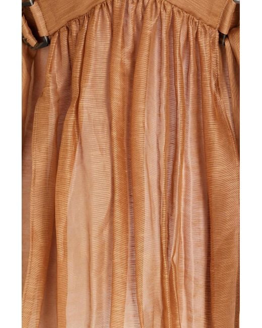 Alberta Ferretti Brown Pintucked Linen And Silk-blend Mini Dress