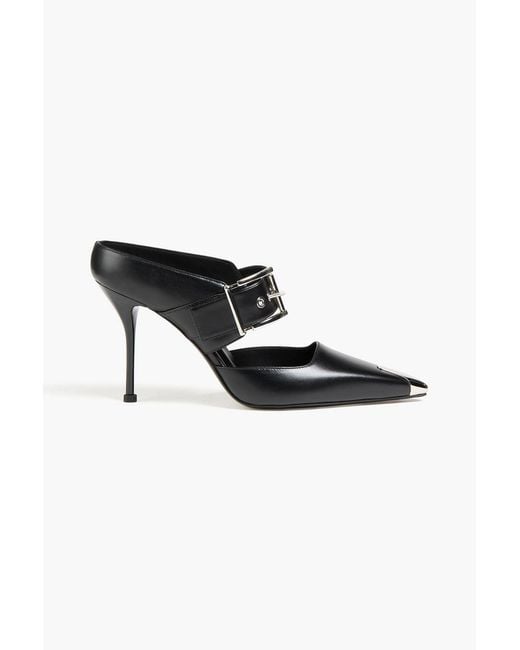 McQueen Black Punk Buckle Embellished Leather Mules