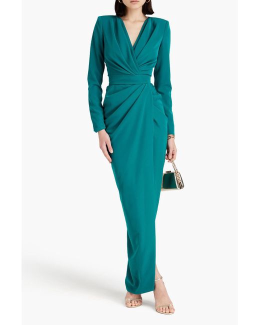 Rhea Costa Green Wrap-effect Draped Crepe Gown