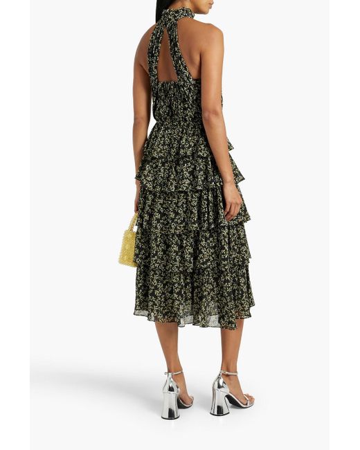 Mikael Aghal Green Cutout Tiered Printed Crepe De Chine Midi Dress
