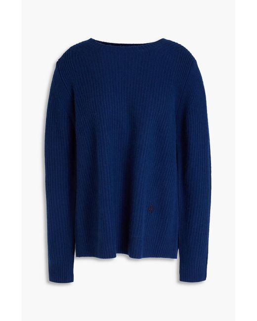 Tory Burch Blue Embroidered Ribbed Cashmere Sweater