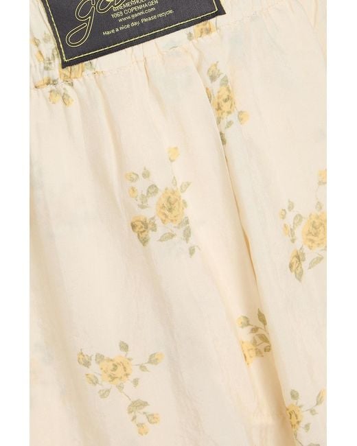 Ganni Natural Lace-Trimmed Floral-Print Satin Shorts
