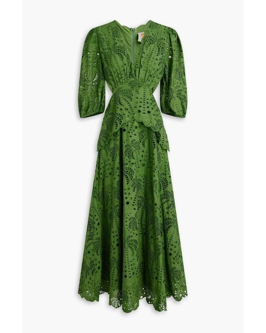 Farm Rio Green Cutout Broderie Anglaise Cotton Midi Dress