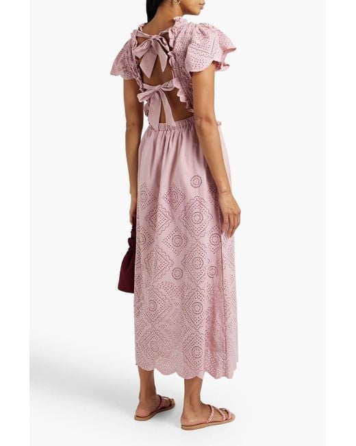 Sea Pink Vienne Cutout Shirred Broderie Anglaise Cotton Midi Dress