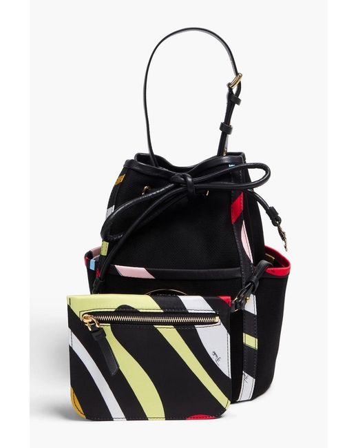 Emilio Pucci Black Printed Leather-Trimmed Cotton Bucket Bag