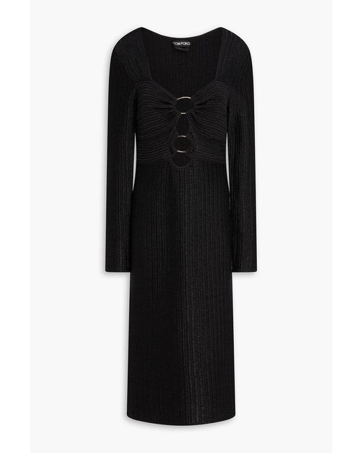 Tom Ford Black Embellished Cutout Metallic Ribbed Cotton-blend Midi Dress
