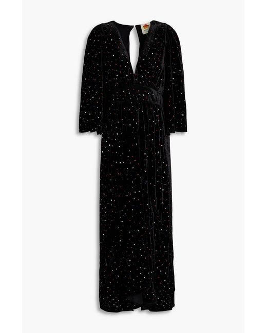 Farm Rio Black Crystal-embellished Velvet Midi Dress