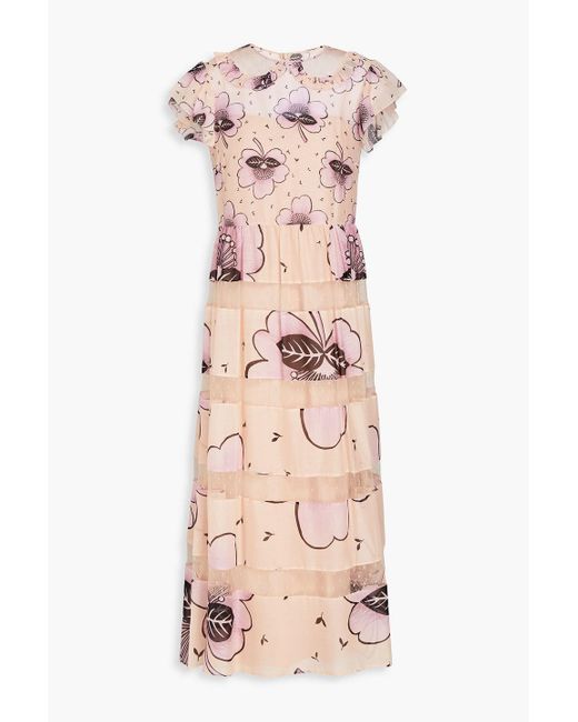 RED Valentino Pink Point D'espirit-trimmed Floral-print Silk And Cotton-blend Midi Dress