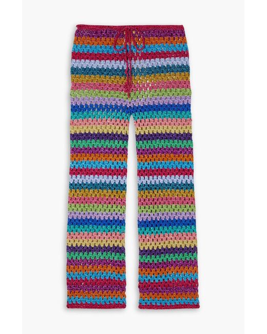 Rose Carmine Blue Metallic Striped Crochet-knit Slim-leg Pants