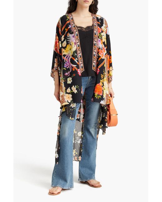 Camilla Black Crystal-Embellished Floral-Print Crepe And Silk-Chiffon Kimono