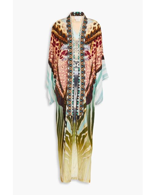 Camilla Metallic Embellished Printed Silk Crepe De Chine Kimono