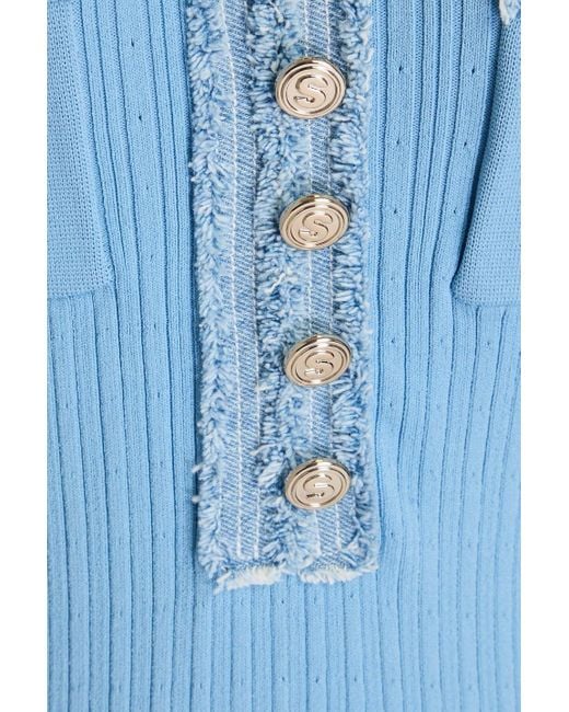 Sandro Denim-trimmed Ribbed Pointelle-knit Midi Dress in Blue | Lyst  Australia