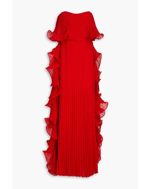 Badgley Mischka Red Strapless Ruffled Plissé-georgette Gown