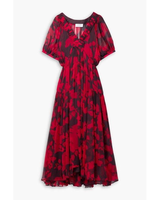 La Ligne Red Constance Tie Floral-print Chiffon Maxi Dress