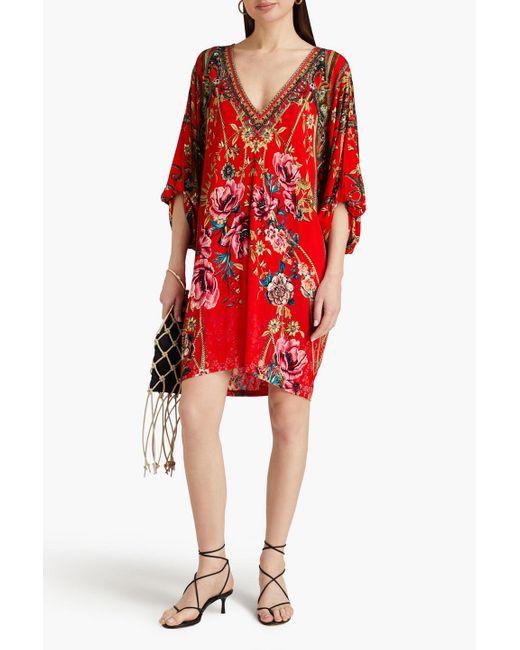 Camilla Red Crystal-embellished Printed Jersey Mini Dress