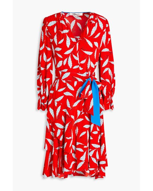 Diane von Furstenberg Red Delucca Ruffled Floral-print Crepe De Chine Dress