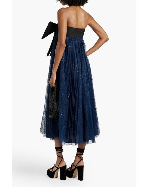 RED Valentino Blue Strapless Bow-Detailed Glittered Tulle Midi Dress