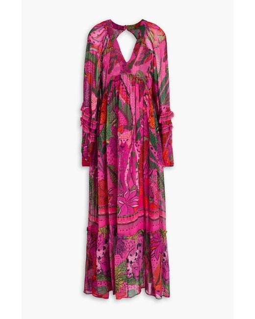 Farm Rio Red Embellished Cutout Printed Crepe Maxi Dress