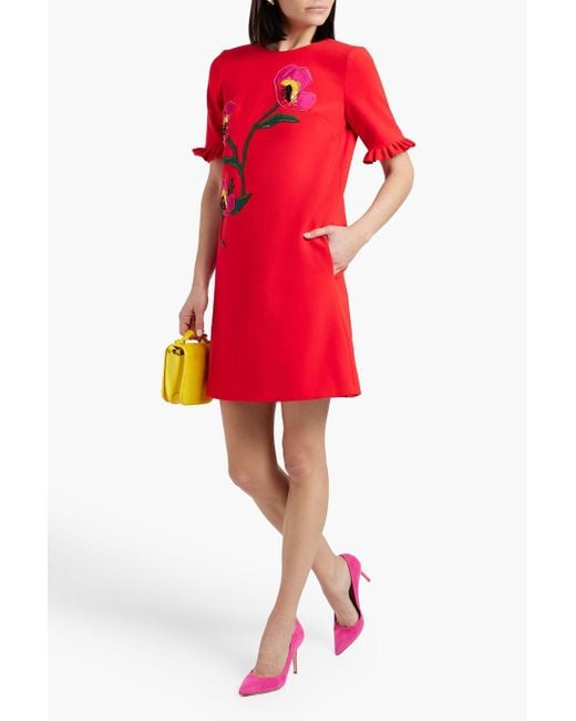 Carolina Herrera Red Ruffled Embellished Crepe Mini Dress