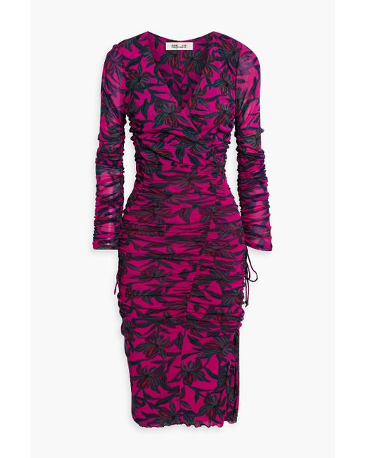 Diane von Furstenberg Purple Rochelle Wrap-effect Floral-print Stretch-mesh Dress