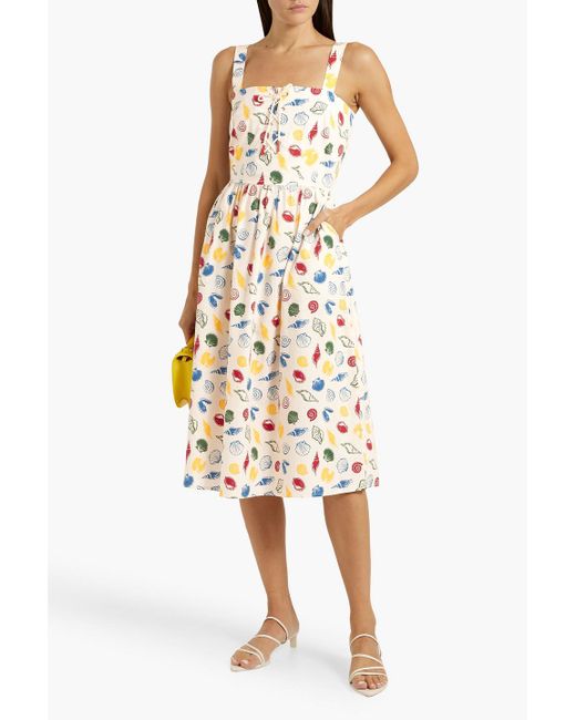 HVN White Laura Lace-Up Printed Cotton-Blend Poplin Midi Dress