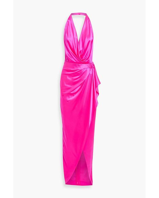 Michelle Mason Pink Draped Silk-Satin Halterneck Gown