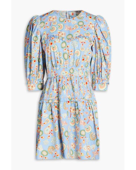 Diane von Furstenberg Blue Gathered Floral-print Cotton-blend Poplin Mini Dress