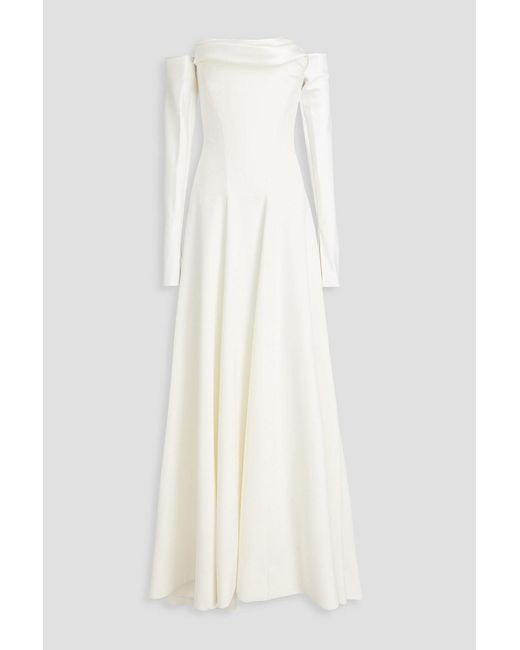 Rhea Costa White Off-The-Shoulder Draped Satin-Trimmed Crepe Gown