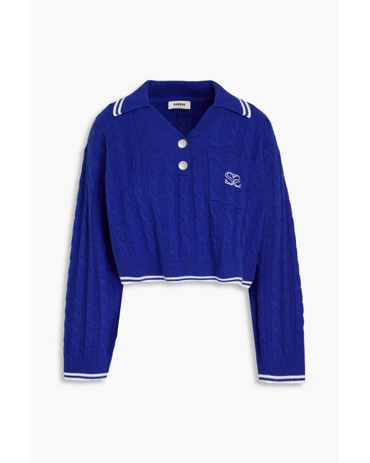 Sandro Blue Cropped Embroidered Wool And Cashmere-blend Polo Sweater