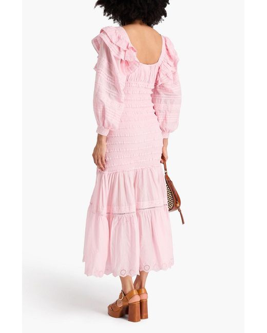 Farm Rio Pink Ruffled Broderie Anglaise Cotton Midi Dress