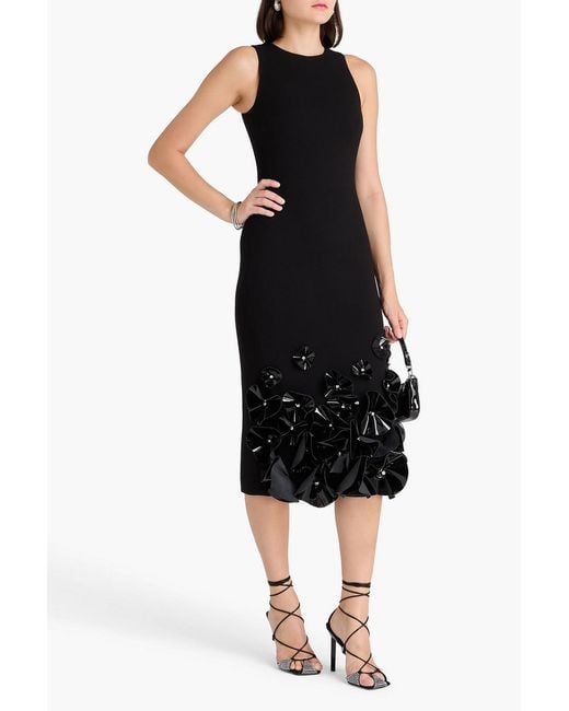 David Koma Black Midikleid aus woll-crêpe mit floralen applikationen