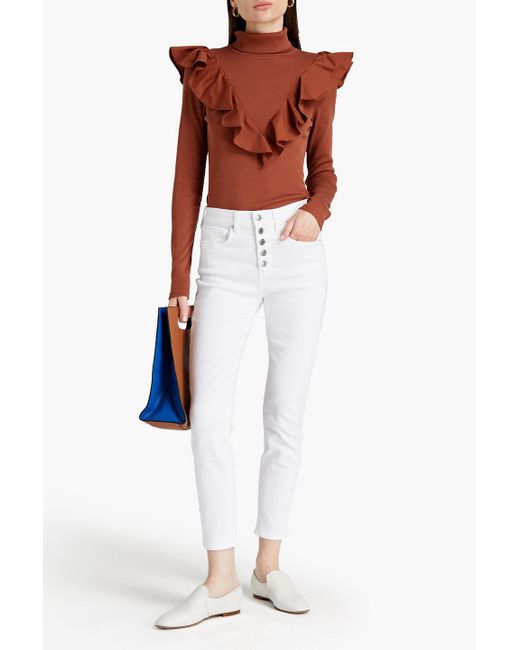 Veronica Beard Brown Avalon Poplin-Trimmed Pima Cotton-Blend Turtleneck Top