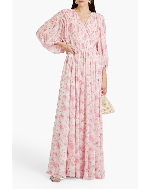 Mikael Aghal Pink Wrap-effect Floral-print Chiffon Maxi Dress