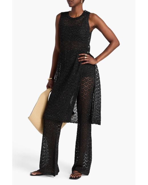 Staud Black Adrianna Sequin-Embellished Crochet-Knit Wide-Leg Pants