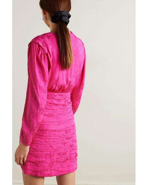 Rixo Pink Golden minikleid aus glänzendem jacquard mit raffungen