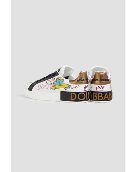 Dolce & Gabbana White Printed Leather Sneakers