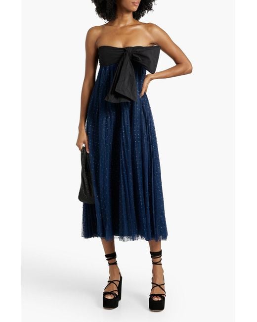 RED Valentino Blue Strapless Bow-Detailed Glittered Tulle Midi Dress