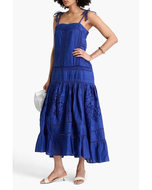 Farm Rio Blue Bead-embellished Guipure Lace-paneled Cotton-voile Maxi Dress